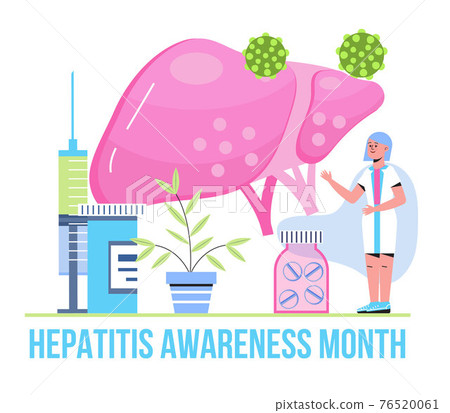 Hepatitis awareness month concept vector. Event is observed each year in May in USA. Concept of hepatitis A, B, C, D, cirrhosis, world hepatitis day. Tiny doctors treat liver. 76520061
