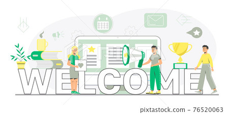 Welcome concept flat vector for website, header. Happy tiny people are near huge text. Cartoon office teamwork and are greeting clients in online office, shop Welcome concept flat vector for website, header. Happy tiny people are near huge text. Cartoon office teamwork and are greeting clients in online office, shop 76520063