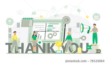 Thank you concept vector. Tiny people thank you for help. Clients evaluate the service, give rate. Like, heart, star icon 76520064