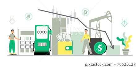 Oil price decreasing concept vector. Petroleum stock market crisis, default. Coronavirus impact on falling oil prices. Arrow goes to zero. Tiny businessmen in a panic. Gas station, barrel 76520127