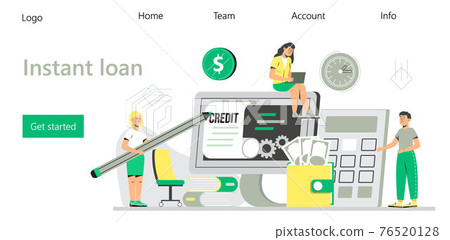 Instant loan vector for landing page. Online credit, loan, tax payment concept, when tiny people filling get bill, approved credit, it can be use for landing page 76520128