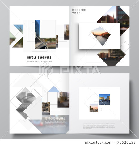 Vector layout of two covers templates with geometric simple shapes, lines and photo place for square design bifold brochure, flyer, magazine, cover design, book, brochure cover. 76520155