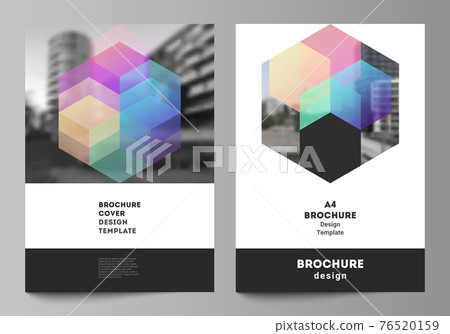 Vector layout of A4 format cover mockups design templates with colorful hexagons, geometric shapes, tech background for brochure, flyer layout, booklet, cover design, book design, brochure cover. 76520159