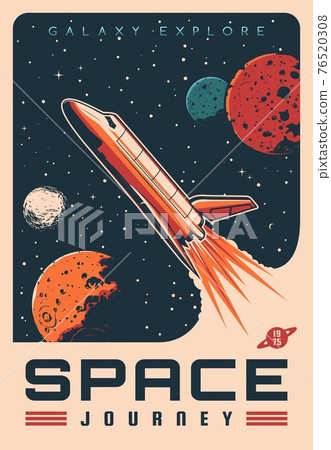 Space travel with shuttle rocketship retro poster 76520308