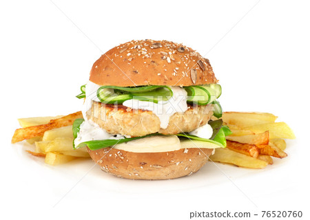 Fishburger with french fries on white Fishburger with french fries on white 76520760
