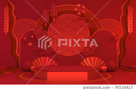Mock up poium China Red, minimal .red geometric design.3D rendering Mock up poium China Red, minimal .red geometric design.3D rendering 76520923