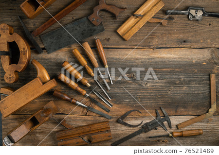 Joinery tools on wood table background with copy space Joinery tools on wood table background with copy space 76521489