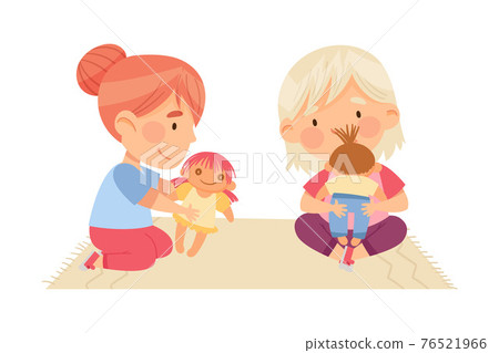 Cute Little Girls Sitting on Rug and Playing with Dolls in Kindergarden Vector Illustration Cute Little Girls Sitting on Rug and Playing with Dolls in Kindergarden Vector Illustration 76521966