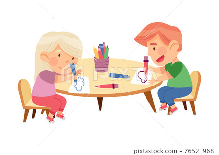 Little Boy and Girl at Table Drawing with Felt Pens in Kindergarden Vector Illustration Little Boy and Girl at Table Drawing with Felt Pens in Kindergarden Vector Illustration 76521968
