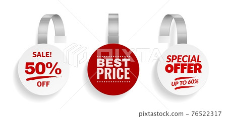 Wobblers for discount . Sale red color sign for advertising, design of strips hanging round wobbler template, store price labels. Blank paper stickers vector realistic isolated set 76522317