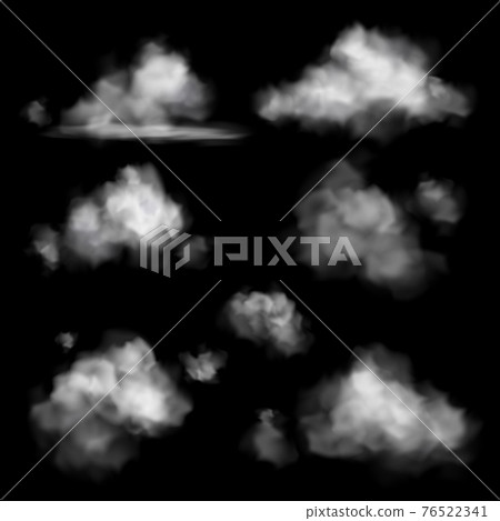 Cloud realistic. Sky white clouds in air, fog effect fluffy frame, cloudy weather background, cloudscape texture, climate meteorology transparent element. Vector isolated background set Cloud realistic. Sky white clouds in air, fog effect fluffy frame, cloudy weather background, cloudscape texture, climate meteorology transparent element. Vector isolated background set 76522341