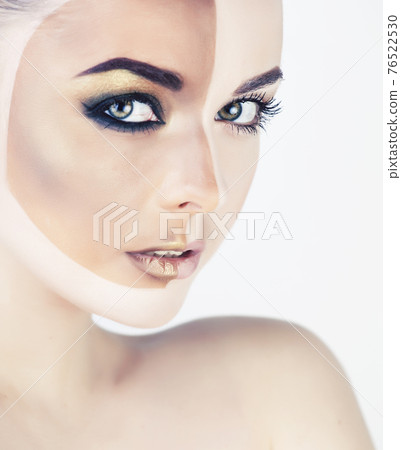 half faced woman with creative makeup like before sunbathe and after isolated on white half faced woman with creative makeup like before sunbathe and after isolated on white 76522530