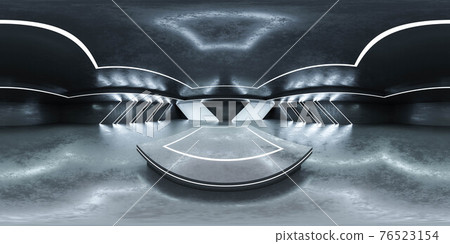 360 panorama spherical view of futuristic sci-fi hallway with concrete floor and reflections 3d render illustration vr hdri style full seamless panorama 76523154