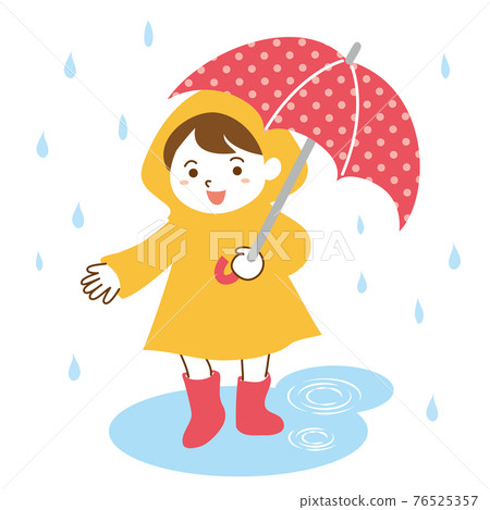 Illustration of a girl wearing a raincoat and holding an umbrella in the rain / white background Illustration of a girl wearing a raincoat and holding an umbrella in the rain / white background 76525357