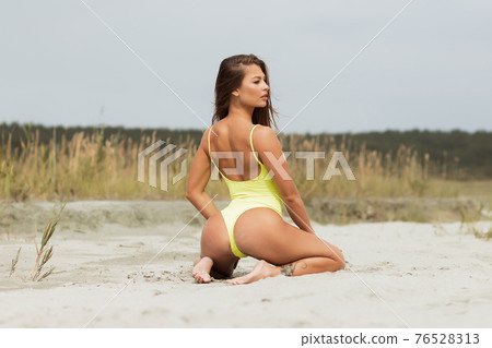 Erotic brunette in swimsuit posing on seashore 76528313
