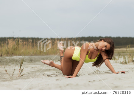 Erotic brunette in swimsuit posing on seashore Erotic brunette in swimsuit posing on seashore 76528316