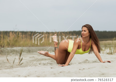 Erotic brunette in swimsuit posing on seashore Erotic brunette in swimsuit posing on seashore 76528317