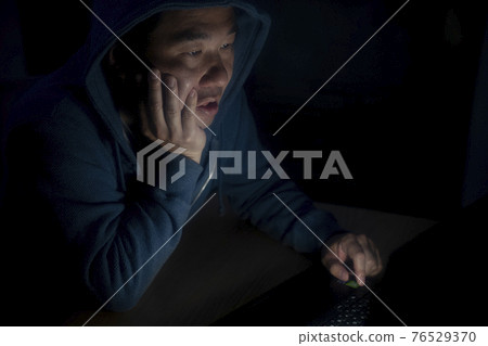 A man looking at a computer at night 76529370