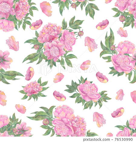 Seamless pattern with beautiful peony flowers and leaves isolated on white. Hand drawn watercolor illustration, season summer and spring concept Seamless pattern with beautiful peony flowers and leaves isolated on white. Hand drawn watercolor illustration, season summer and spring concept 76530990