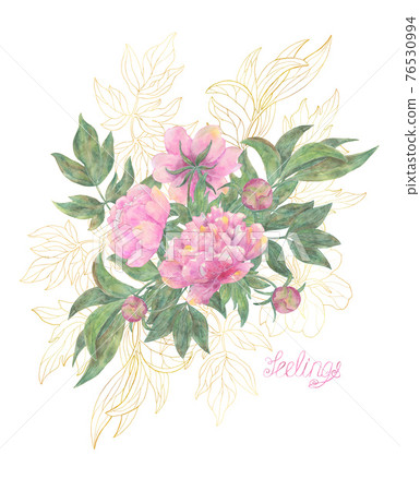 Greeting card with beautiful bouquet of peony flowers isolated on white. Hand drawn watercolor illustration, season summer and spring concept 76530994