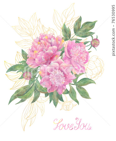 Greeting card with floral arrangement or bouquet of beautiful peony flowers with text love you. Hand drawn watercolor illustration, season summer and spring concept Greeting card with floral arrangement or bouquet of beautiful peony flowers with text love you. Hand drawn watercolor illustration, season summer and spring concept 76530995