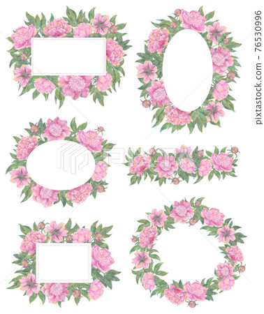 Design set with floral borders and frames of beautiful peony flowers isolated on white. Hand drawn watercolor illustration, season summer and spring concept Design set with floral borders and frames of beautiful peony flowers isolated on white. Hand drawn watercolor illustration, season summer and spring concept 76530996