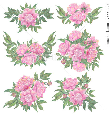 Design set with floral arrangements and bouquets of beautiful peony flowers isolated on white. Hand drawn watercolor illustration, season summer and spring concept Design set with floral arrangements and bouquets of beautiful peony flowers isolated on white. Hand drawn watercolor illustration, season summer and spring concept 76530998
