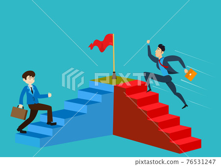 The first business man with a briefcase walks up the stairs slowly. The other quickly ran up the stairs. For the flag that is the target 76531247