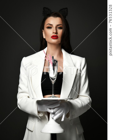 Sexy woman with pouty red lips in black ears Sexy woman with pouty red lips in black ears 76531328