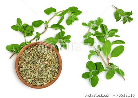 Oregano or marjoram leaves fresh and dry isolated on white background with clipping path. Top view with copy space for your text. Flat lay 76532116