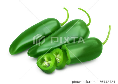 jalapeno peppers isolated on white background. Green chili pepper with clipping path and full depth of field. jalapeno peppers isolated on white background. Green chili pepper with clipping path and full depth of field. 76532124