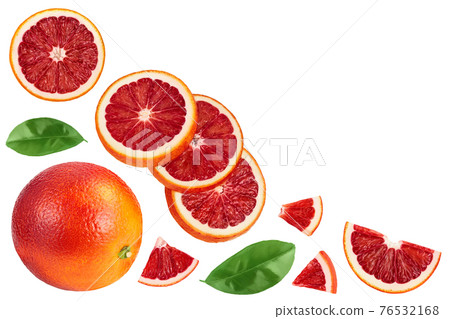 Blood red oranges slices isolated on white background with clipping path. Top view with copy space for your text. Flat lay 76532168