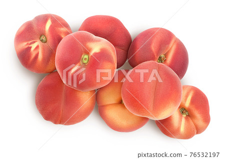 Ripe chinese flat peach fruit with leaf isolated on white background with clipping path and full depth of field Ripe chinese flat peach fruit with leaf isolated on white background with clipping path and full depth of field 76532197