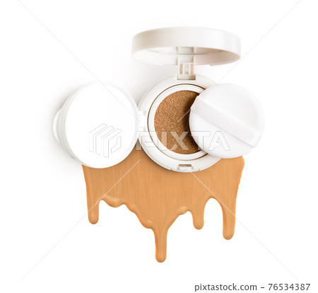 Liquid cushion with smeared sample, Cosmetic face powder isolated on white background Liquid Tonal fluid for the face flows down on a white background 76534387