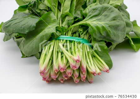 Raw spinach tied with a vinyl string, fresh vegetables with red roots 76534430