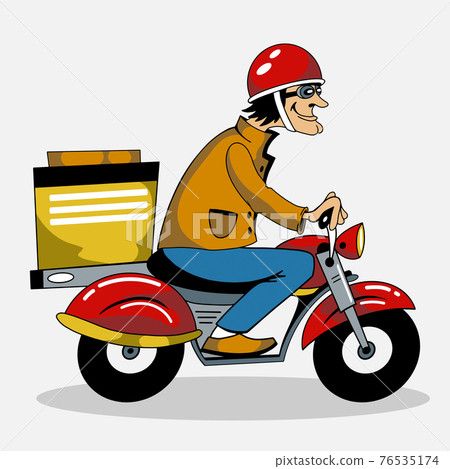 Young man in a helmet on a motocycle delivering packages all over the city. Young man in a helmet on a motocycle delivering packages all over the city. 76535174