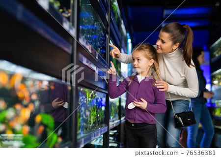 Girl with mother choosing aquarium fish in pet store 76536381