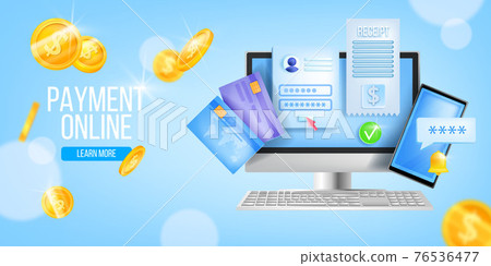 Online payment, internet bill, vector digital tax landing page background, computer, coins, card 76536477