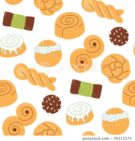 Seamless pattern with traditional swedish sweets. Kanelbulle bun, cinnamon roll, Semla, lussekatt, dammsugare and chokladboll. Hand drawn illustration 76537275