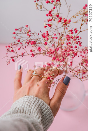 Baby's breath. Suggestion. Woman's hand with jewelry rings. Jewelry and luxury concept. Beautiful woman with stylish accessories. Plant Aesthetics Baby's breath. Suggestion. Woman's hand with jewelry rings. Jewelry and luxury concept. Beautiful woman with stylish accessories. Plant Aesthetics 76537339