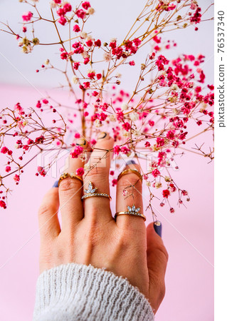 Baby's breath. Suggestion. Woman's hand with jewelry rings. Jewelry and luxury concept. Beautiful woman with stylish accessories. Plant Aesthetics Baby's breath. Suggestion. Woman's hand with jewelry rings. Jewelry and luxury concept. Beautiful woman with stylish accessories. Plant Aesthetics 76537340