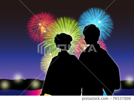 Yukata illustration silhouette couple 3 fireworks display seaside fireworks Yukata illustration silhouette couple 3 fireworks display seaside fireworks 76537800