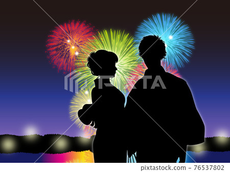 Yukata illustration silhouette couple 5 fireworks display seaside fireworks 76537802