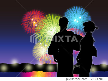 Yukata illustration silhouette couple 11 fireworks display seaside fireworks Yukata illustration silhouette couple 11 fireworks display seaside fireworks 76537810