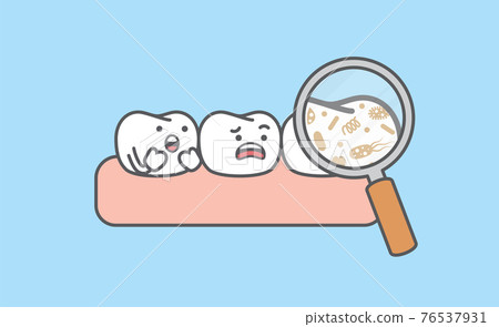 Dental cartoon of a magnifying glass to look at the white teeth But it appears that there is a disease Bacteria illustration cartoon character vector design on blue background. Dental care concept. 76537931