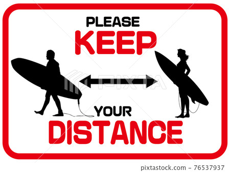 KEEP DISTANCE 英語社交距離標記衝浪者和大海 76537937
