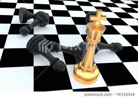 Golden King and many fallen pawns around - leadership concept 76538348