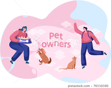 Woman with bowl of food going to feed dog. Man is training his cat during walk. Owners train pets 76538390