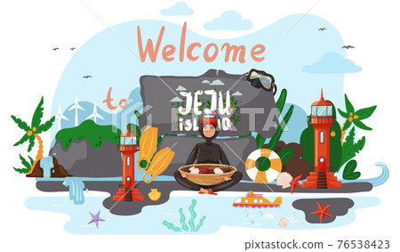 Girl in wetsuit, plants and nature in Jeju. Bowl of seafood, national dish of island Girl in wetsuit, plants and nature in Jeju. Bowl of seafood, national dish of island 76538423