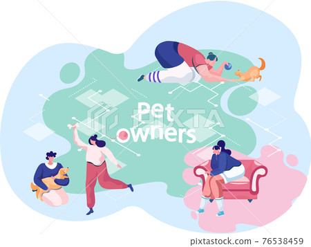 People play with animals, train and feed them while walking. Characters have fun with their pets 76538459